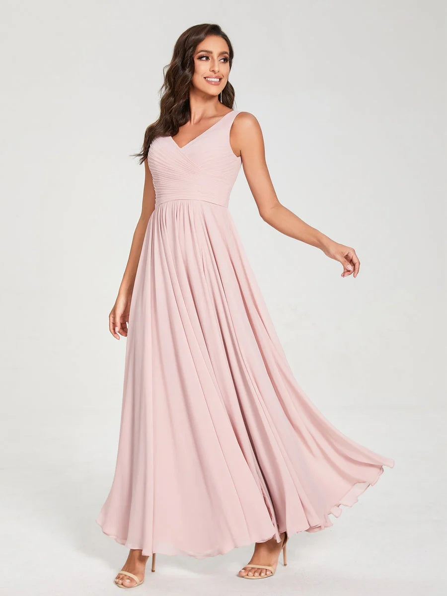 Ligne A/Princesse Mousseline Col en V Sans Manches La Longueur du Sol Bridemaid Robes avec Plis