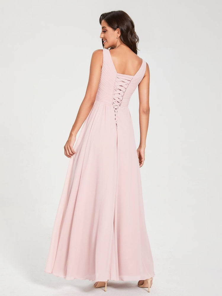 Ligne A/Princesse Mousseline Col en V Sans Manches La Longueur du Sol Bridemaid Robes avec Plis