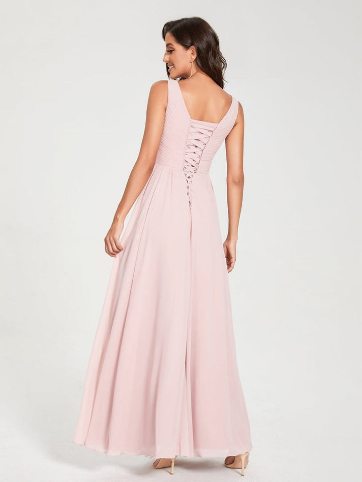 Ligne A/Princesse Mousseline Col en V Sans Manches La Longueur du Sol Bridemaid Robes avec Plis