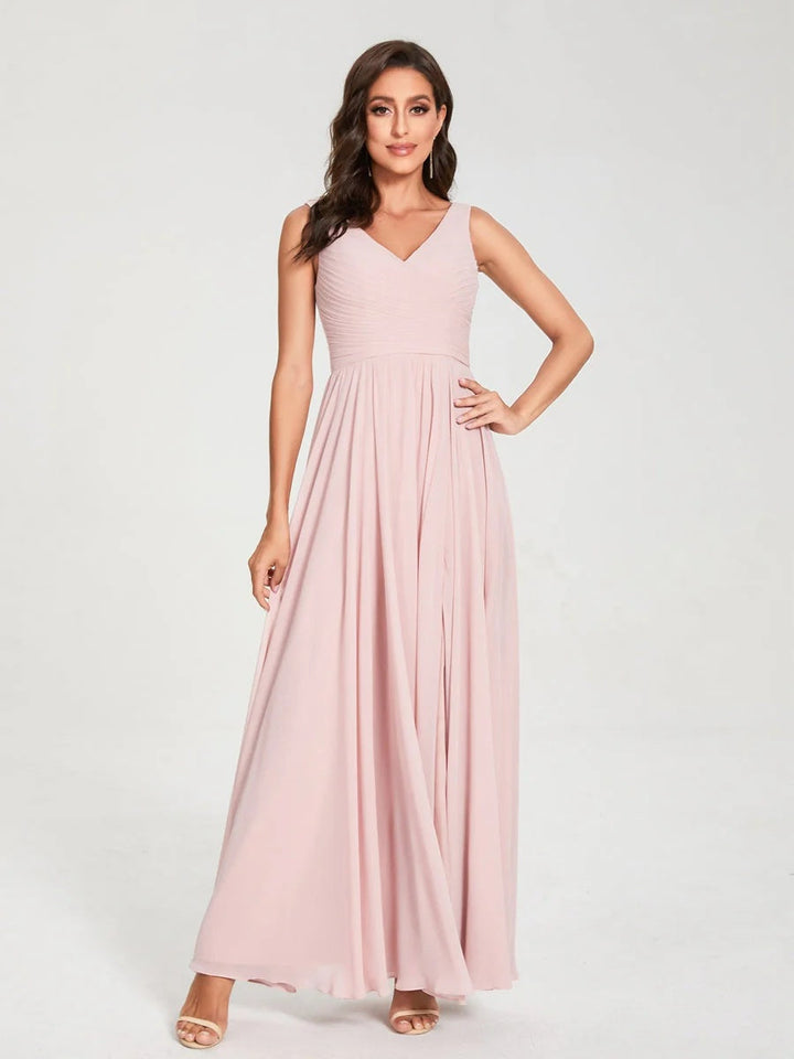 Ligne A/Princesse Mousseline Col en V Sans Manches La Longueur du Sol Bridemaid Robes avec Plis