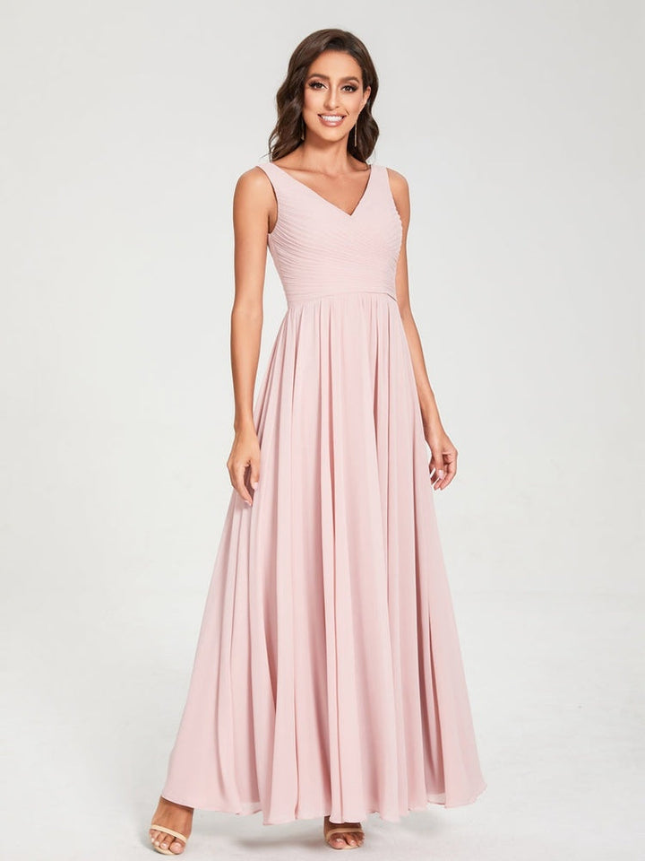Ligne A/Princesse Mousseline Col en V Sans Manches La Longueur du Sol Bridemaid Robes avec Plis