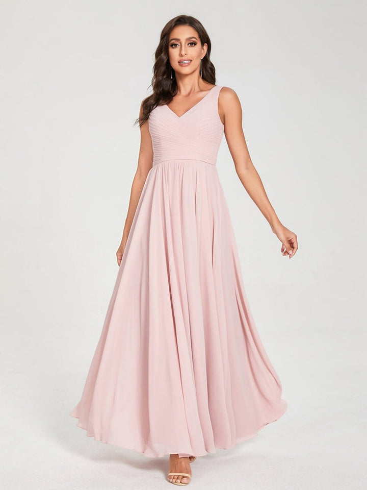 Ligne A/Princesse Mousseline Col en V Sans Manches La Longueur du Sol Bridemaid Robes avec Plis
