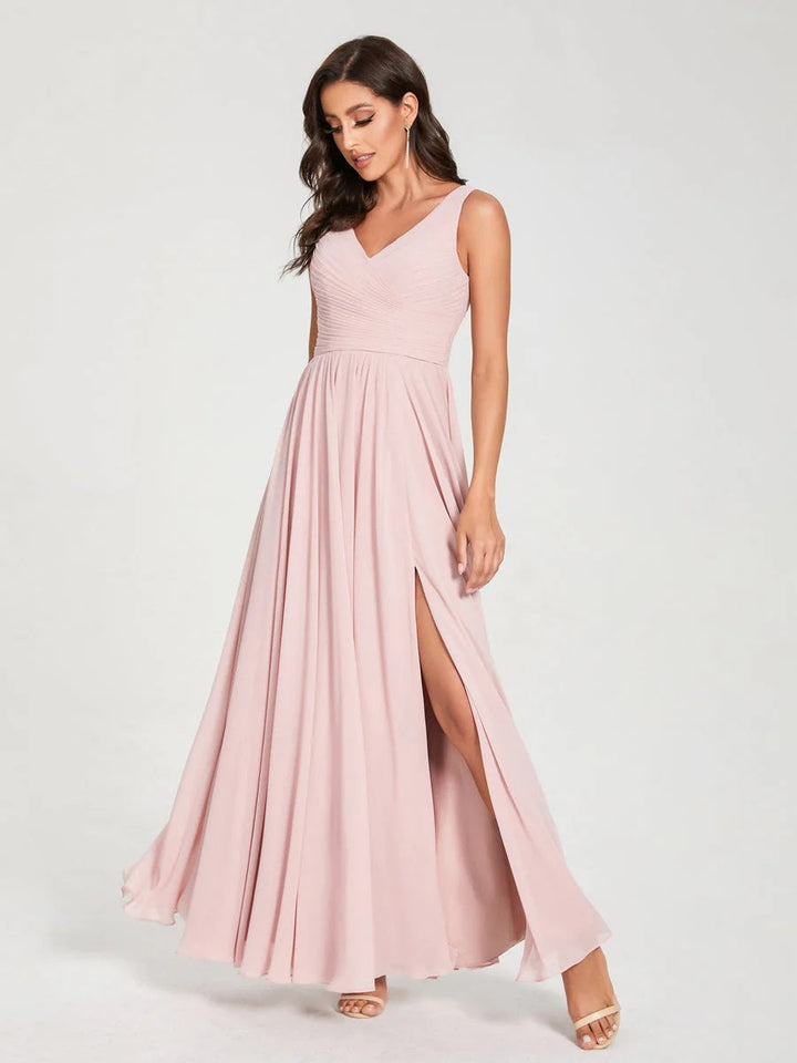 Ligne A/Princesse Mousseline Col en V Sans Manches La Longueur du Sol Bridemaid Robes avec Plis