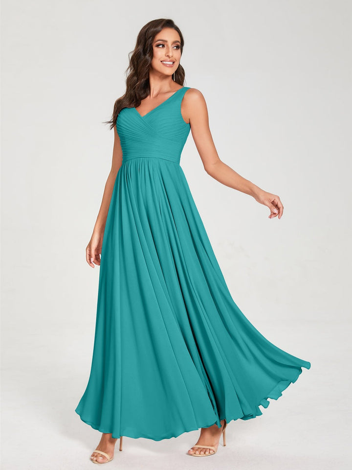 Ligne A/Princesse Mousseline Col en V Sans Manches La Longueur du Sol Bridemaid Robes avec Plis