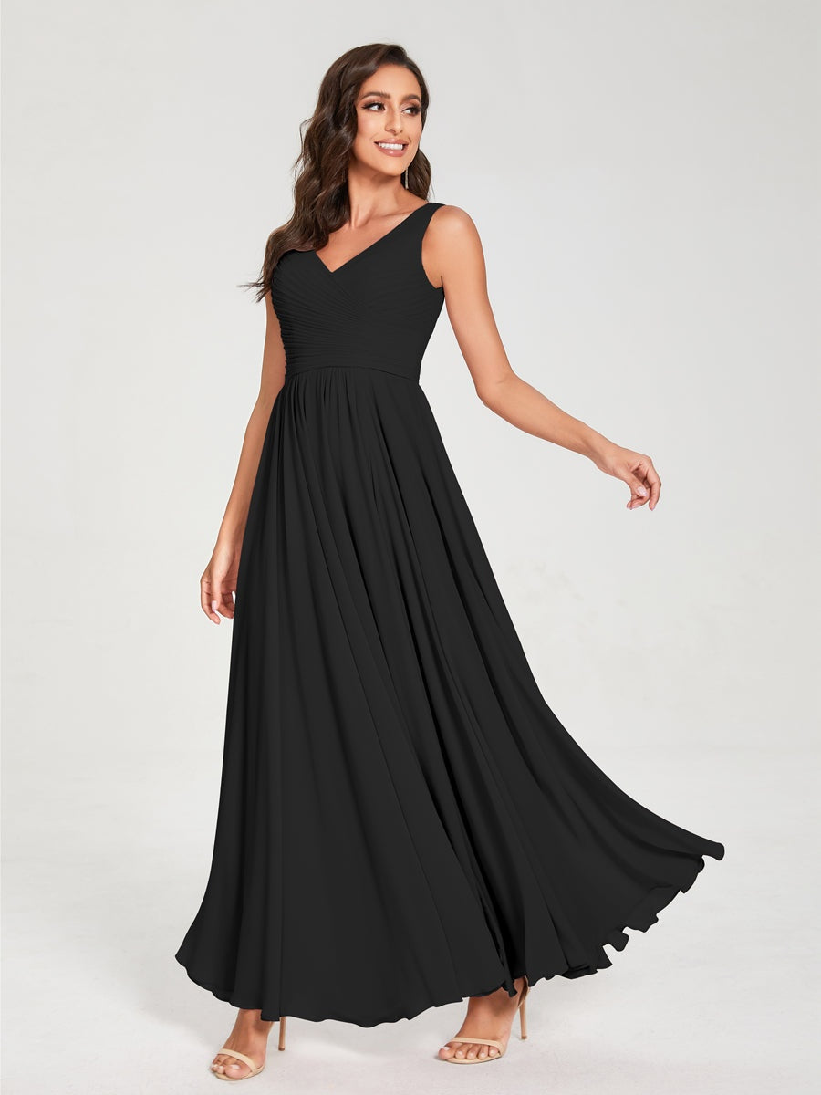 Ligne A/Princesse Mousseline Col en V Sans Manches La Longueur du Sol Bridemaid Robes avec Plis