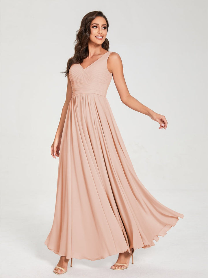 Ligne A/Princesse Mousseline Col en V Sans Manches La Longueur du Sol Bridemaid Robes avec Plis