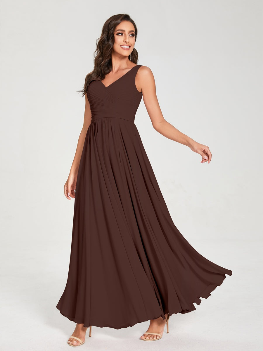 Ligne A/Princesse Mousseline Col en V Sans Manches La Longueur du Sol Bridemaid Robes avec Plis