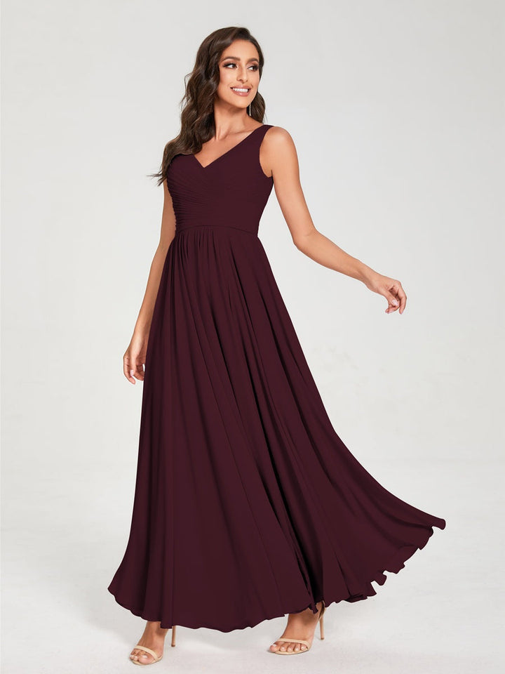 Ligne A/Princesse Mousseline Col en V Sans Manches La Longueur du Sol Bridemaid Robes avec Plis
