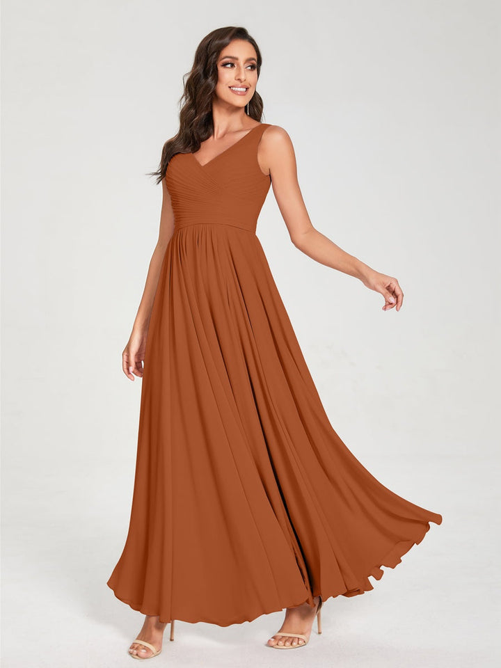 Ligne A/Princesse Mousseline Col en V Sans Manches La Longueur du Sol Bridemaid Robes avec Plis