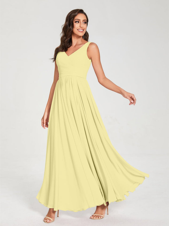 Ligne A/Princesse Mousseline Col en V Sans Manches La Longueur du Sol Bridemaid Robes avec Plis