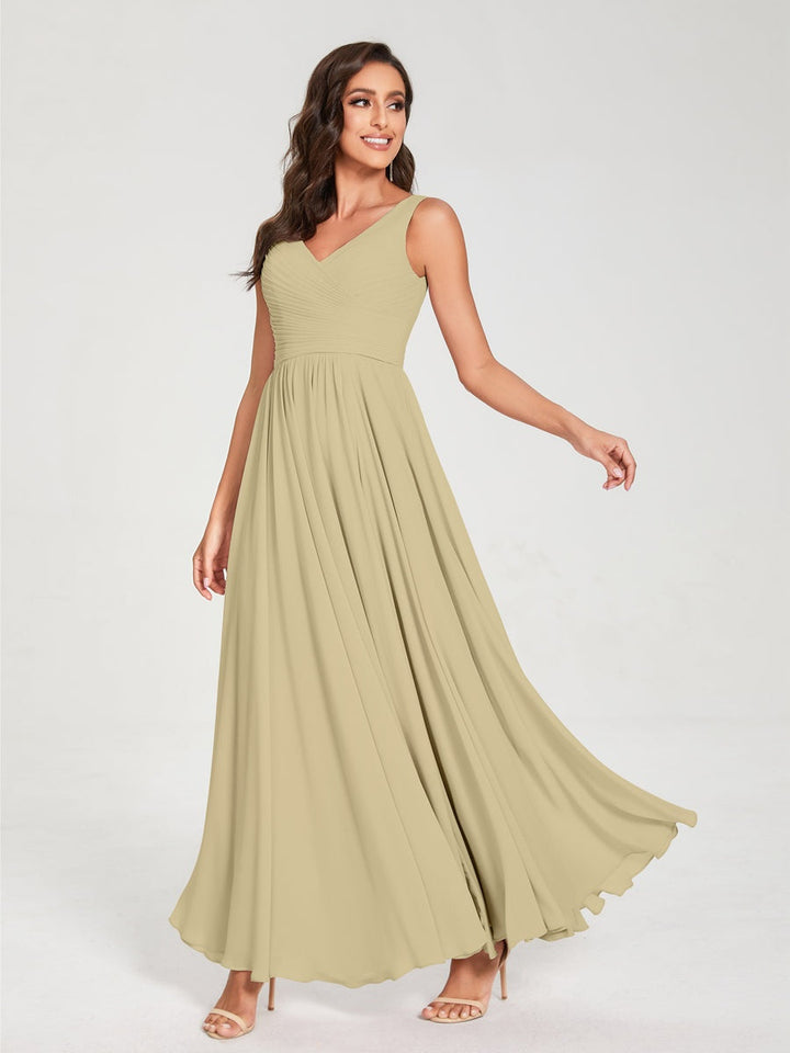 Ligne A/Princesse Mousseline Col en V Sans Manches La Longueur du Sol Bridemaid Robes avec Plis