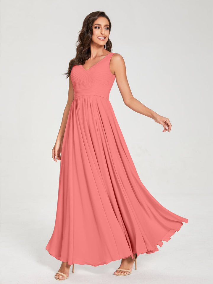 Ligne A/Princesse Mousseline Col en V Sans Manches La Longueur du Sol Bridemaid Robes avec Plis