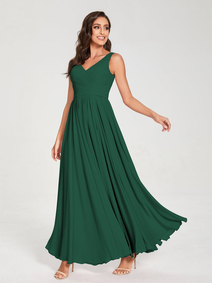 Ligne A/Princesse Mousseline Col en V Sans Manches La Longueur du Sol Bridemaid Robes avec Plis