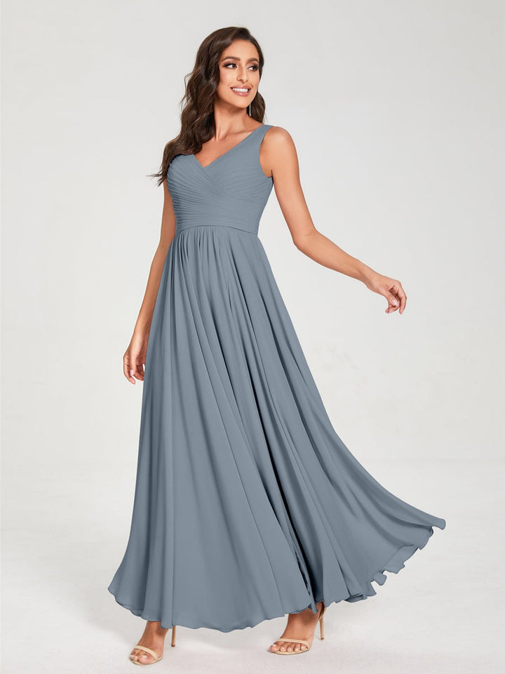 Ligne A/Princesse Mousseline Col en V Sans Manches La Longueur du Sol Bridemaid Robes avec Plis
