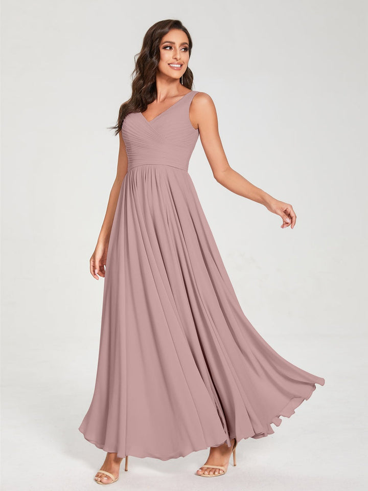 Ligne A/Princesse Mousseline Col en V Sans Manches La Longueur du Sol Bridemaid Robes avec Plis
