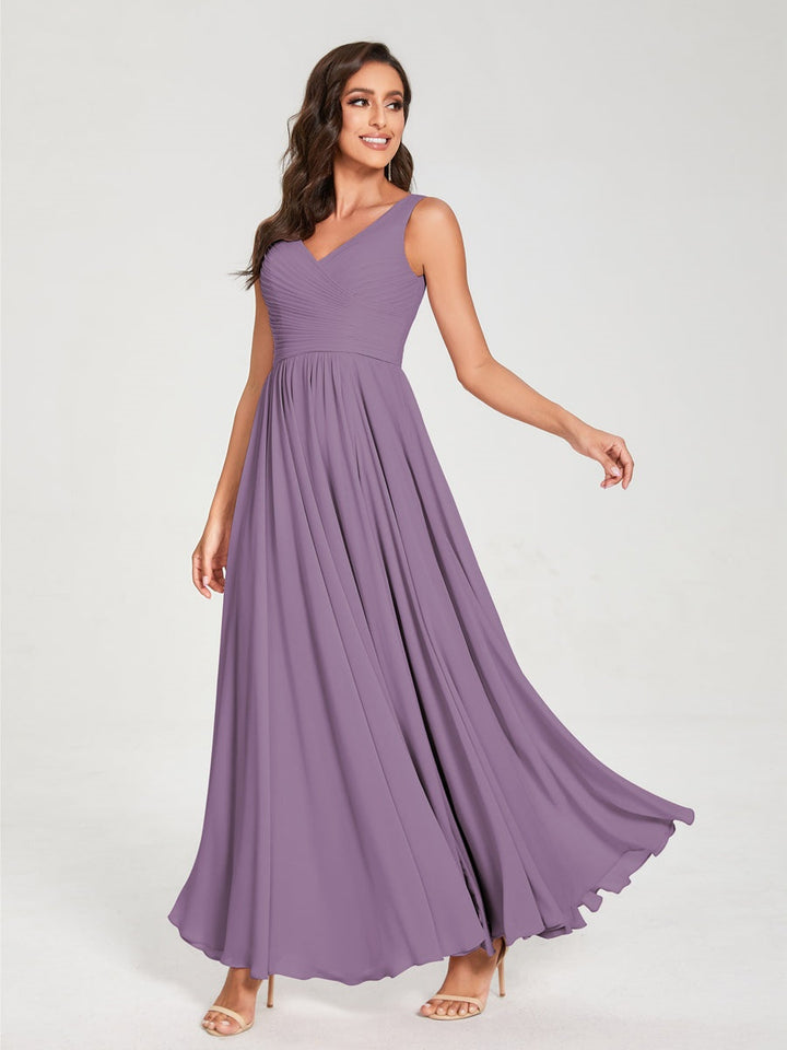 Ligne A/Princesse Mousseline Col en V Sans Manches La Longueur du Sol Bridemaid Robes avec Plis