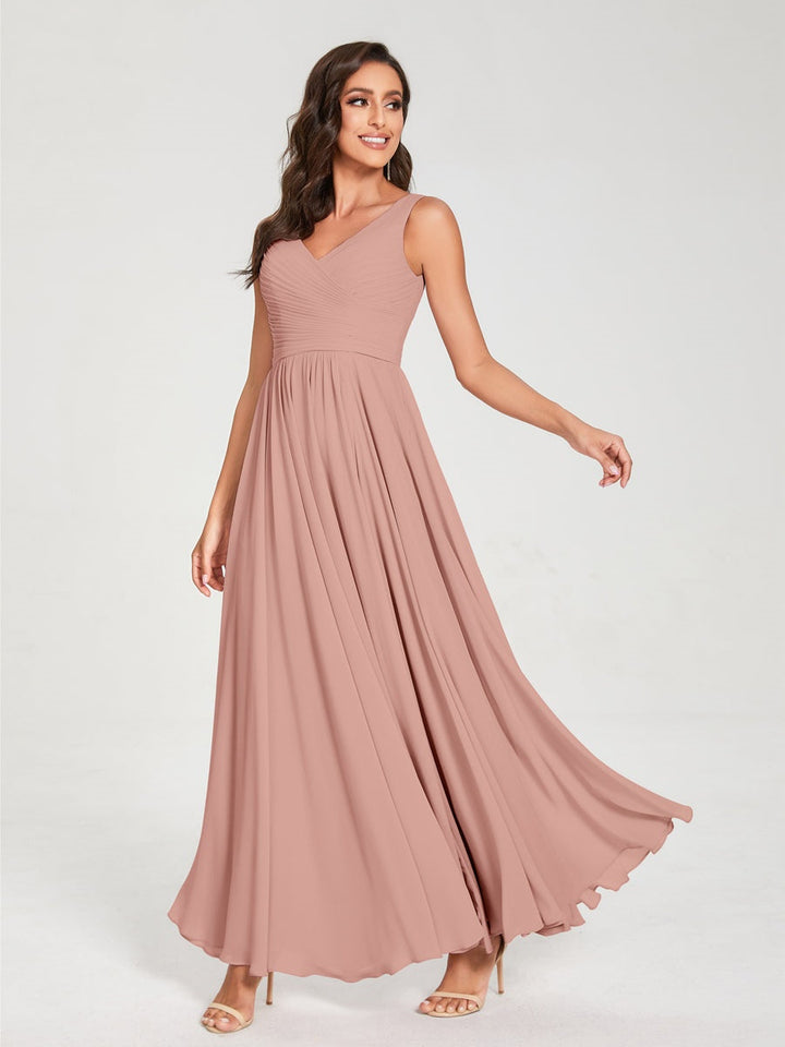 Ligne A/Princesse Mousseline Col en V Sans Manches La Longueur du Sol Bridemaid Robes avec Plis