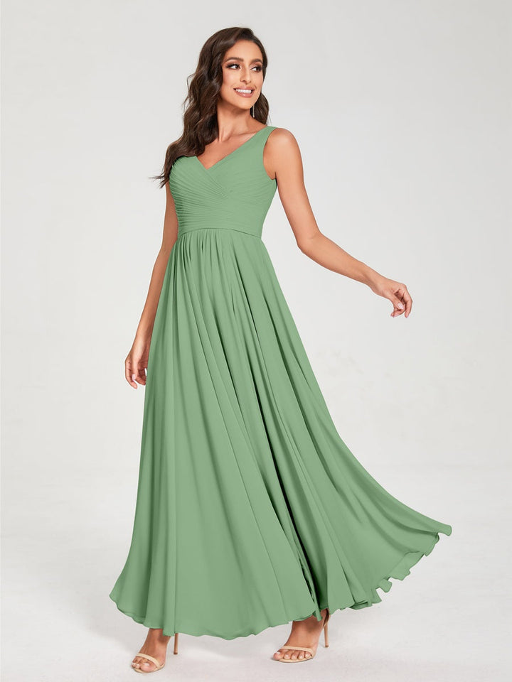 Ligne A/Princesse Mousseline Col en V Sans Manches La Longueur du Sol Bridemaid Robes avec Plis