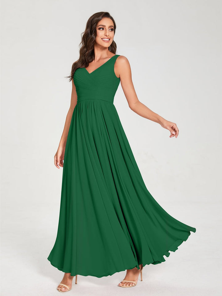Ligne A/Princesse Mousseline Col en V Sans Manches La Longueur du Sol Bridemaid Robes avec Plis