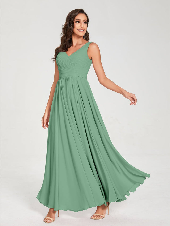 Ligne A/Princesse Mousseline Col en V Sans Manches La Longueur du Sol Bridemaid Robes avec Plis