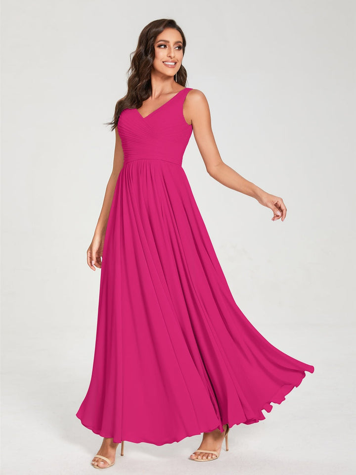 Ligne A/Princesse Mousseline Col en V Sans Manches La Longueur du Sol Bridemaid Robes avec Plis