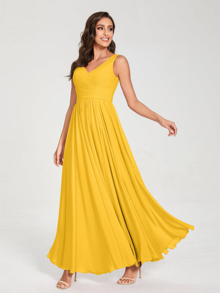 Ligne A/Princesse Mousseline Col en V Sans Manches La Longueur du Sol Bridemaid Robes avec Plis
