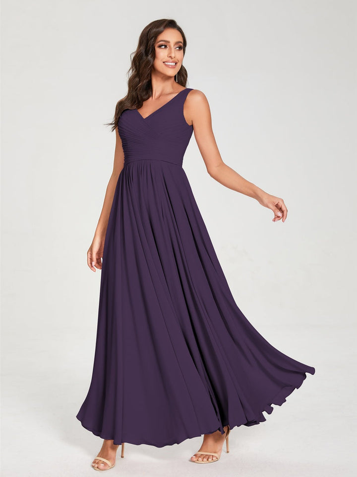 Ligne A/Princesse Mousseline Col en V Sans Manches La Longueur du Sol Bridemaid Robes avec Plis