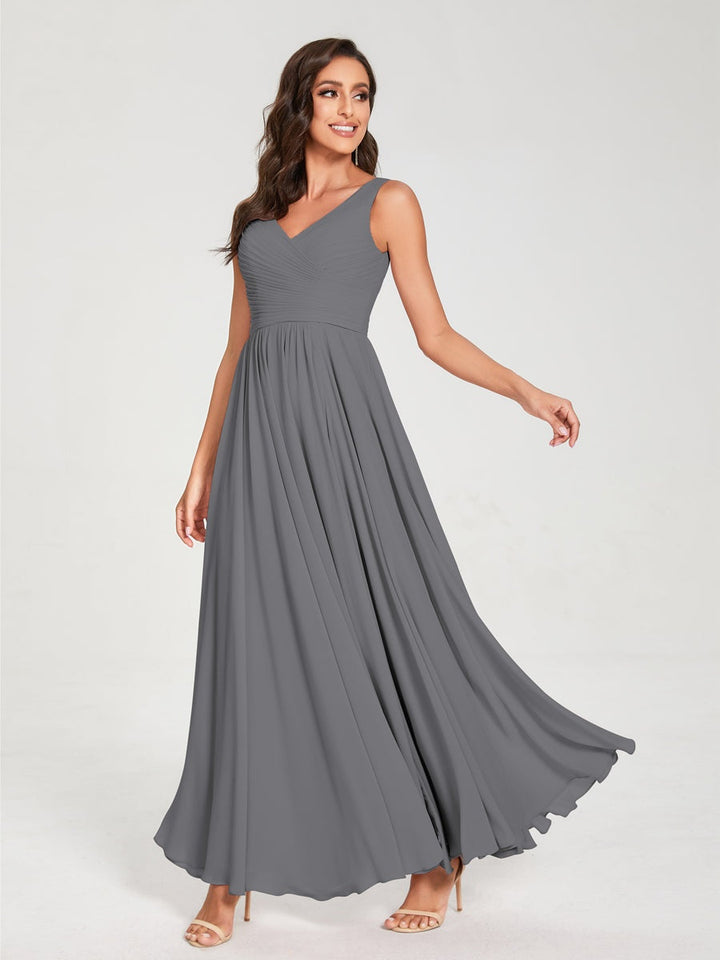 Ligne A/Princesse Mousseline Col en V Sans Manches La Longueur du Sol Bridemaid Robes avec Plis