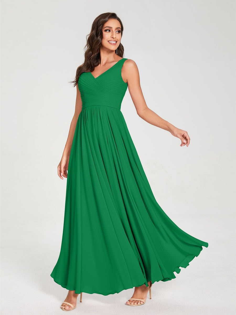 Ligne A/Princesse Mousseline Col en V Sans Manches La Longueur du Sol Bridemaid Robes avec Plis