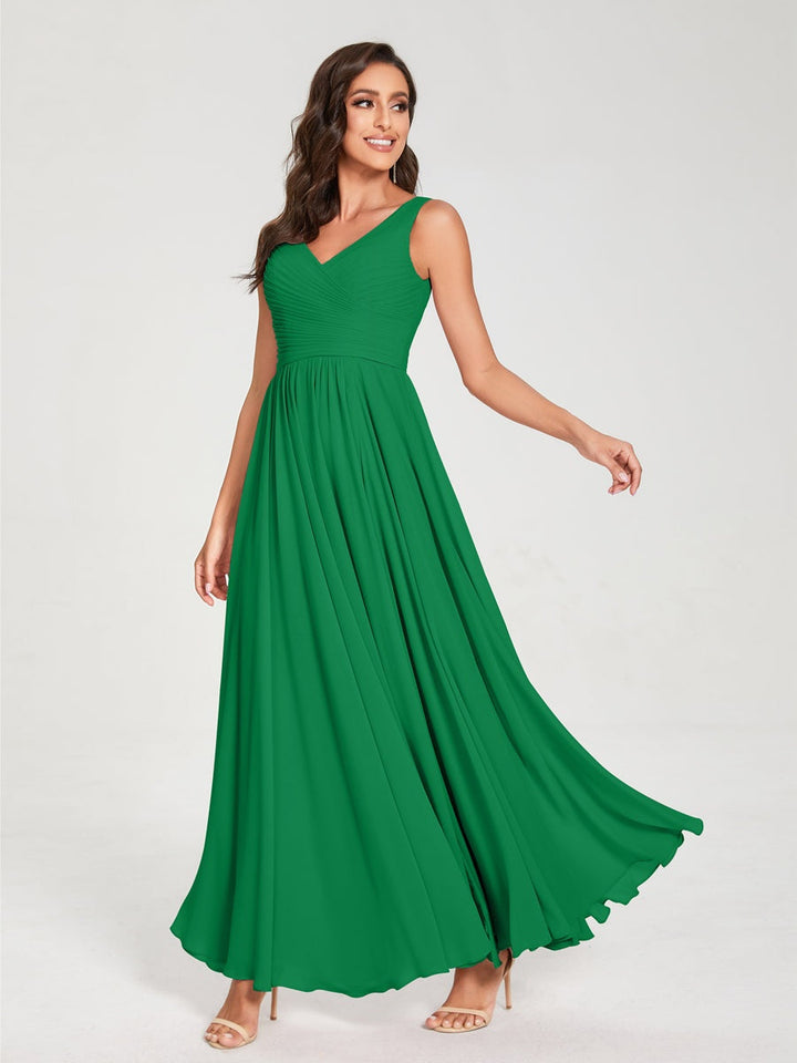 Ligne A/Princesse Mousseline Col en V Sans Manches La Longueur du Sol Bridemaid Robes avec Plis