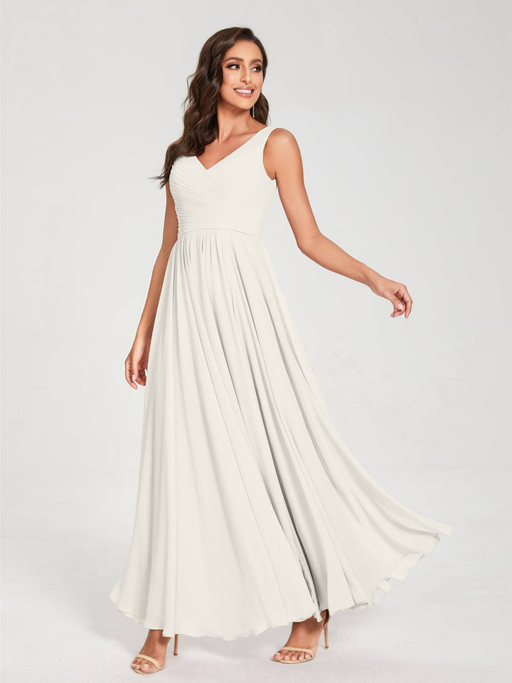 Ligne A/Princesse Mousseline Col en V Sans Manches La Longueur du Sol Bridemaid Robes avec Plis