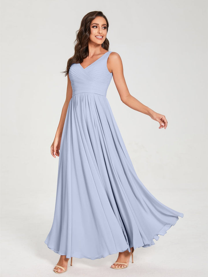 Ligne A/Princesse Mousseline Col en V Sans Manches La Longueur du Sol Bridemaid Robes avec Plis