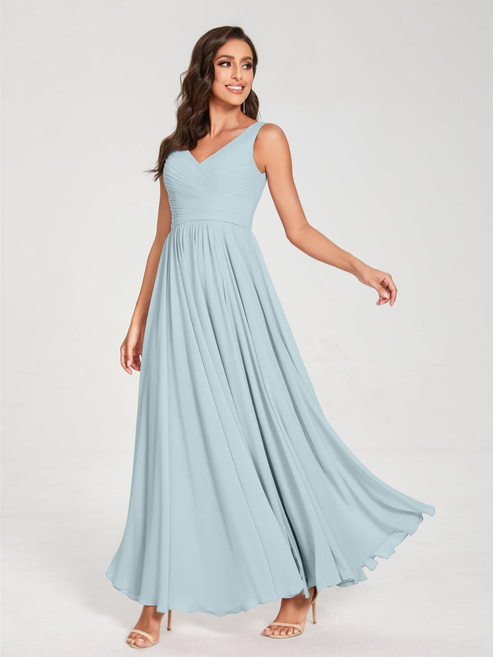 Ligne A/Princesse Mousseline Col en V Sans Manches La Longueur du Sol Bridemaid Robes avec Plis