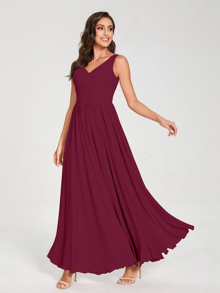 Ligne A/Princesse Mousseline Col en V Sans Manches La Longueur du Sol Bridemaid Robes avec Plis