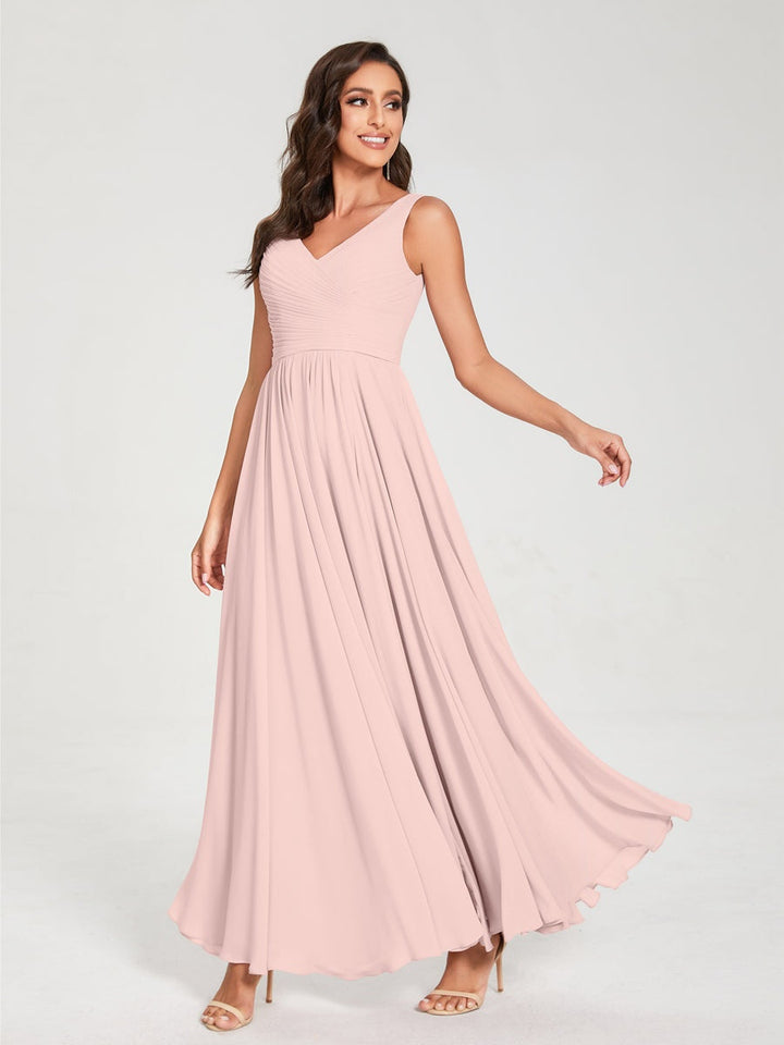 Ligne A/Princesse Mousseline Col en V Sans Manches La Longueur du Sol Bridemaid Robes avec Plis