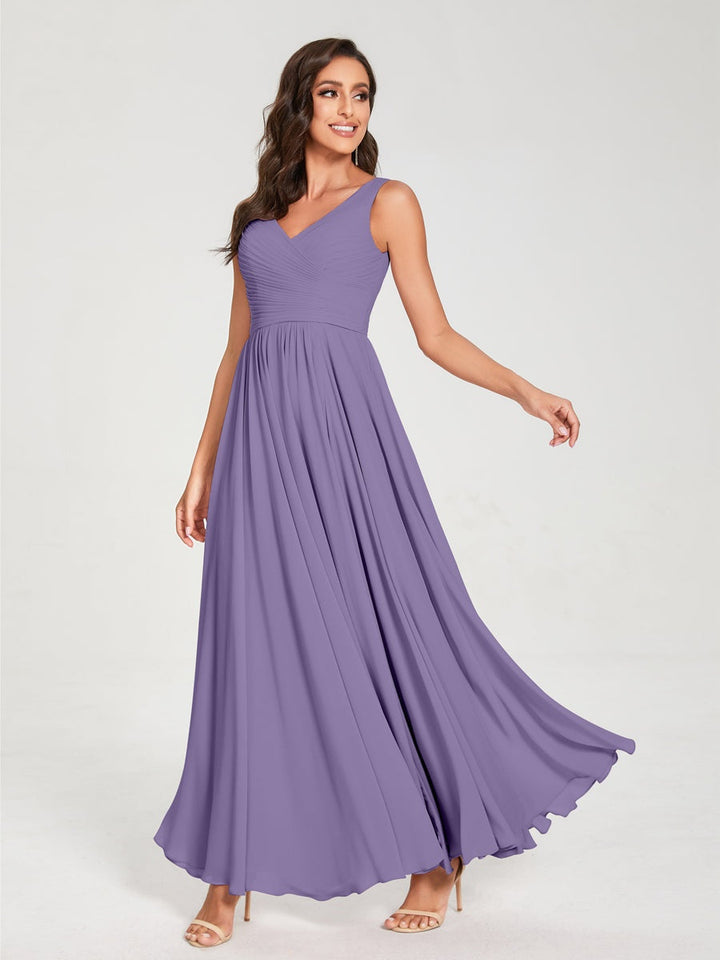 Ligne A/Princesse Mousseline Col en V Sans Manches La Longueur du Sol Bridemaid Robes avec Plis