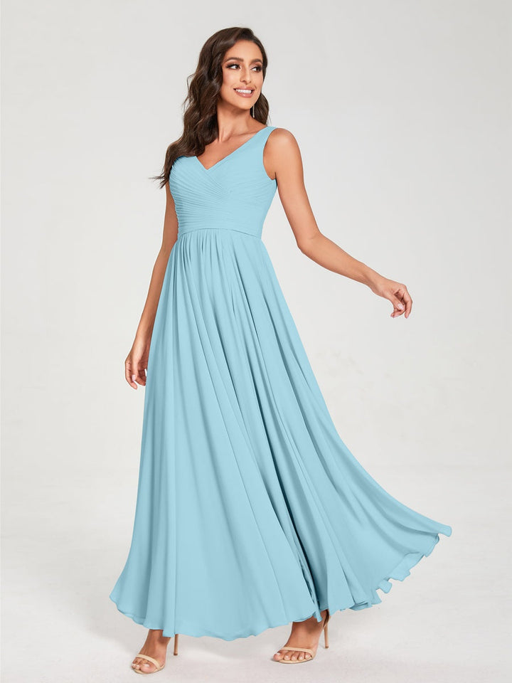 Ligne A/Princesse Mousseline Col en V Sans Manches La Longueur du Sol Bridemaid Robes avec Plis