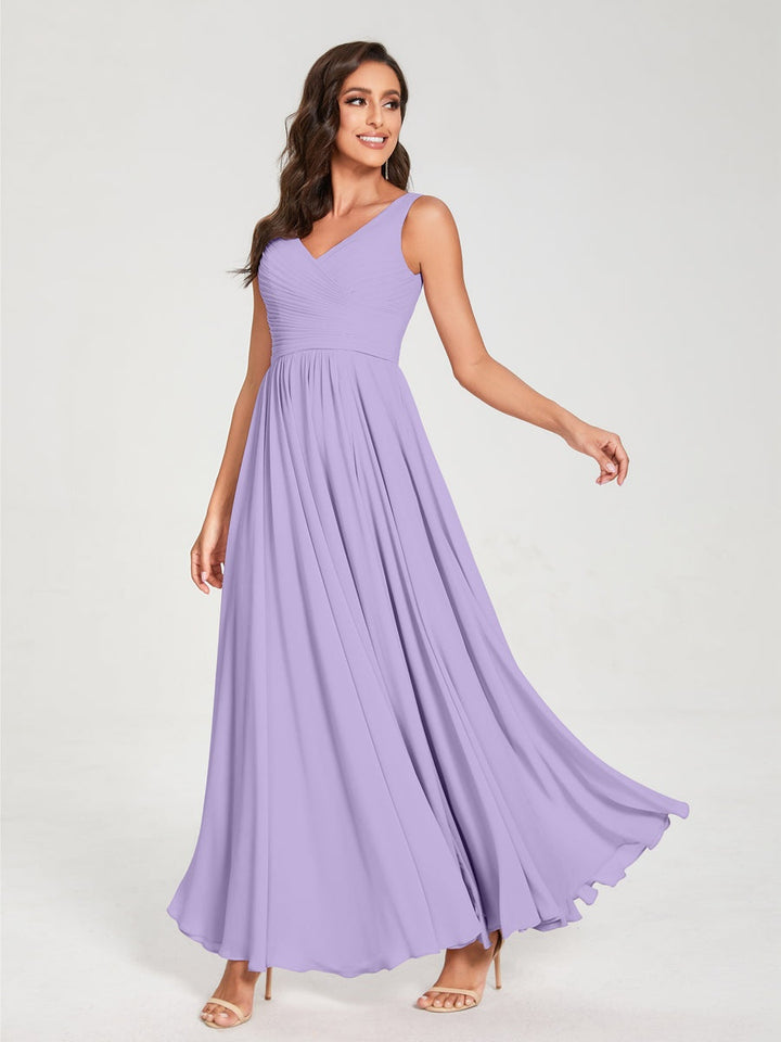 Ligne A/Princesse Mousseline Col en V Sans Manches La Longueur du Sol Bridemaid Robes avec Plis
