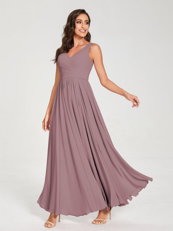 Ligne A/Princesse Mousseline Col en V Sans Manches La Longueur du Sol Bridemaid Robes avec Plis
