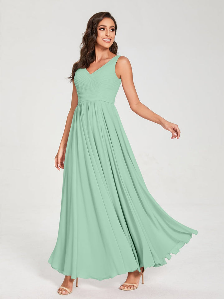 Ligne A/Princesse Mousseline Col en V Sans Manches La Longueur du Sol Bridemaid Robes avec Plis