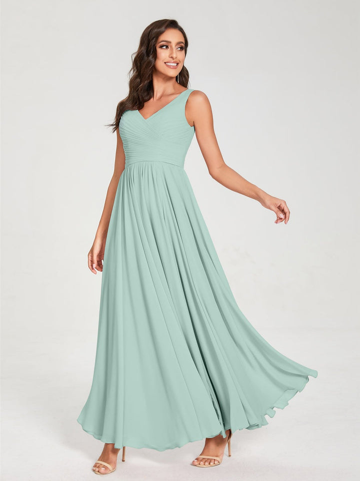 Ligne A/Princesse Mousseline Col en V Sans Manches La Longueur du Sol Bridemaid Robes avec Plis