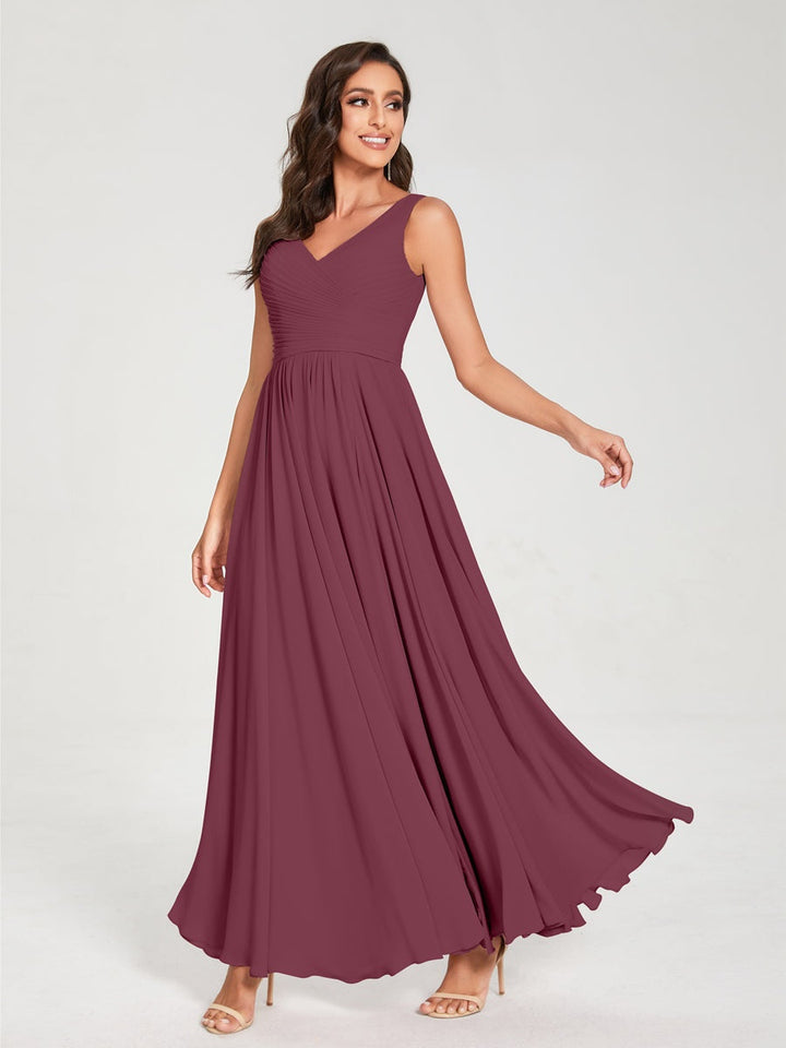 Ligne A/Princesse Mousseline Col en V Sans Manches La Longueur du Sol Bridemaid Robes avec Plis