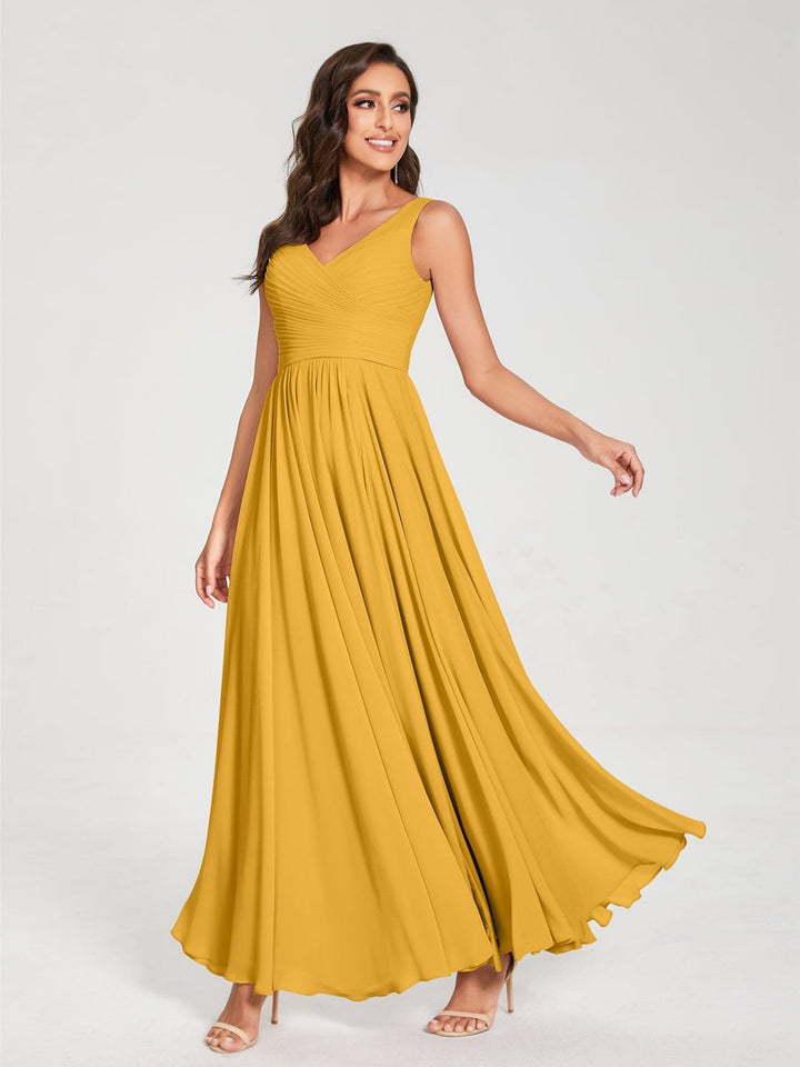 Ligne A/Princesse Mousseline Col en V Sans Manches La Longueur du Sol Bridemaid Robes avec Plis