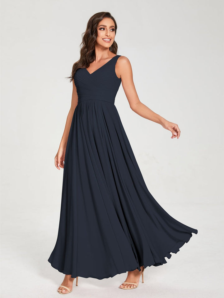 Ligne A/Princesse Mousseline Col en V Sans Manches La Longueur du Sol Bridemaid Robes avec Plis