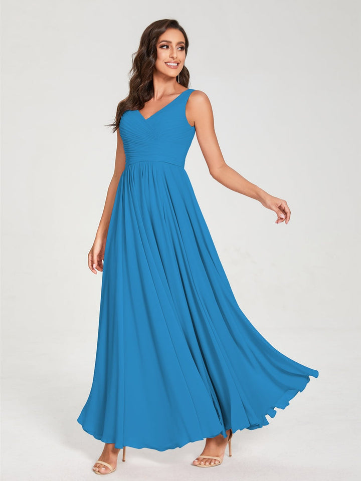 Ligne A/Princesse Mousseline Col en V Sans Manches La Longueur du Sol Bridemaid Robes avec Plis