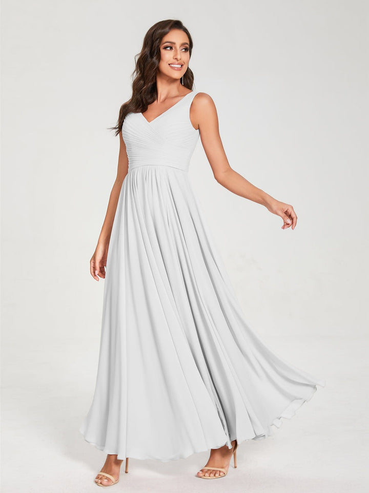 Ligne A/Princesse Mousseline Col en V Sans Manches La Longueur du Sol Bridemaid Robes avec Plis