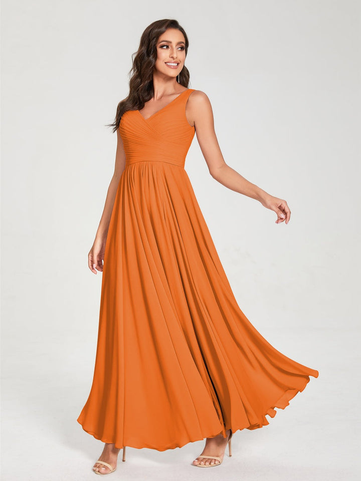 Ligne A/Princesse Mousseline Col en V Sans Manches La Longueur du Sol Bridemaid Robes avec Plis