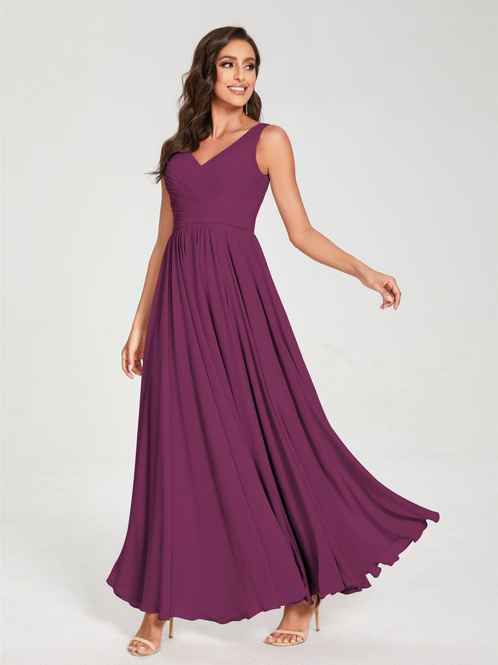 Ligne A/Princesse Mousseline Col en V Sans Manches La Longueur du Sol Bridemaid Robes avec Plis