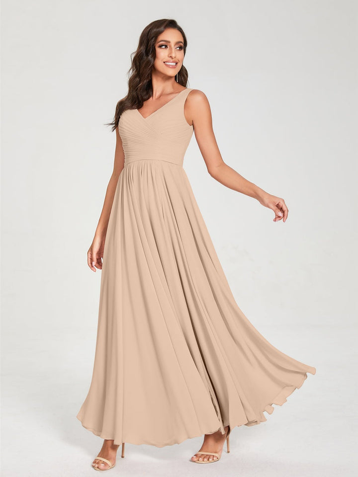 Ligne A/Princesse Mousseline Col en V Sans Manches La Longueur du Sol Bridemaid Robes avec Plis