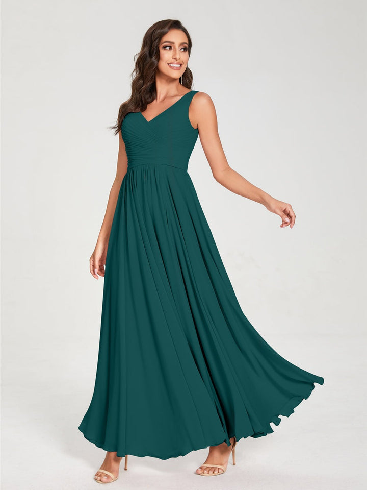 Ligne A/Princesse Mousseline Col en V Sans Manches La Longueur du Sol Bridemaid Robes avec Plis